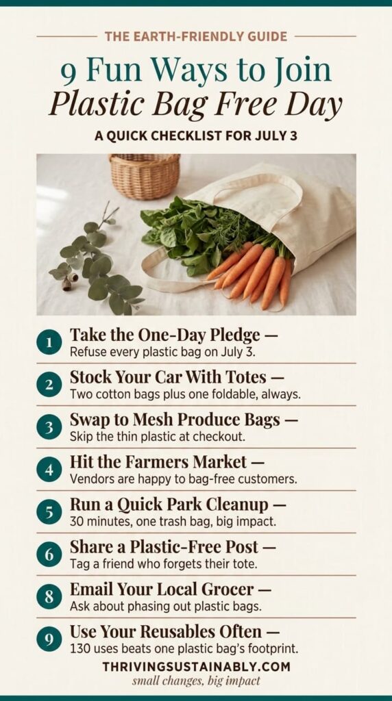 Cream organic cotton tote bag and wicker basket filled with fresh produce on a linen counter, illustrating reusable alternatives to single-use plastic bags for International Plastic Bag Free Day.