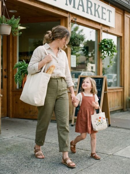 A mother and young daughter walking out of a neighborhood market together, each carrying a beautiful reusable cotton tote bag filled with fresh produce, illustrating everyday plastic bag alternatives for International Plastic Bag Free Day.