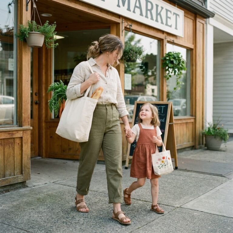A mother and young daughter walking out of a neighborhood market together, each carrying a beautiful reusable cotton tote bag filled with fresh produce, illustrating everyday plastic bag alternatives for International Plastic Bag Free Day.