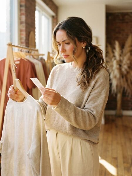 A woman in a sunlit boutique examining a fabric care tag on a hanging linen top, checking the fiber content to see if the garment is polyester or a natural fiber.