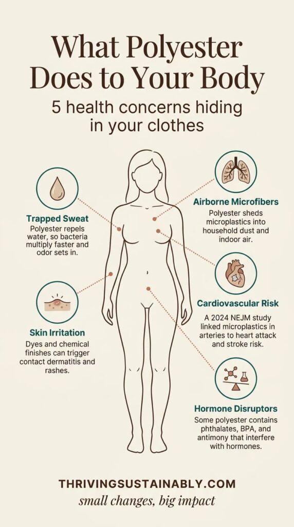 Cream-toned Pinterest infographic titled "What Polyester Does to Your Body" showing a female figure with five labeled health concerns: skin irritation, trapped sweat, airborne microfibers, cardiovascular risk, and hormone disruptors. Editorial illustration in deep teal, terracotta, and dark brown explaining how polyester clothing can affect health.