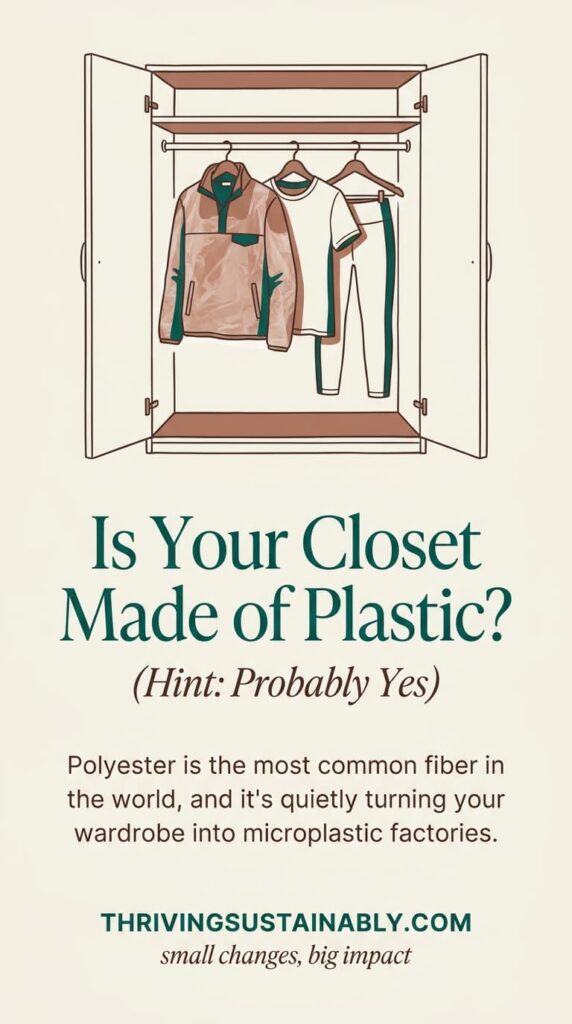 Cream-toned Pinterest pin titled "Is Your Closet Made of Plastic? (Hint: Probably Yes)" showing a hand-drawn flat illustration of an open closet with three hangers holding a fleece pullover, t-shirt, and leggings, in deep teal, terracotta, and dark brown line work. Editorial sustainability graphic explaining that polyester clothing is a form of plastic. URL: thrivingsustainably.com.