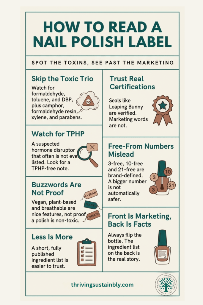 Infographic titled "How to Read a Nail Polish Label," showing seven tips for spotting toxic ingredients and seeing past non-toxic nail polish marketing claims.