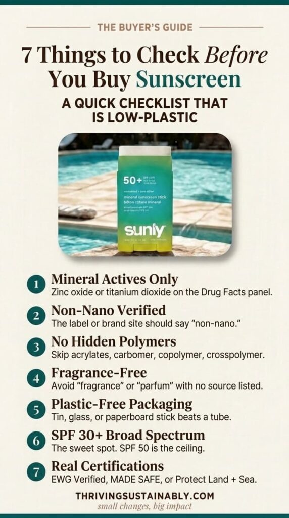 Non-toxic sunscreen buyer's guide infographic with 7 tips for choosing a low-plastic mineral SPF, featuring an ATTITUDE Sunly mineral sunscreen stick poolside for the Thriving Sustainably 2026 non-toxic sunscreen guide.