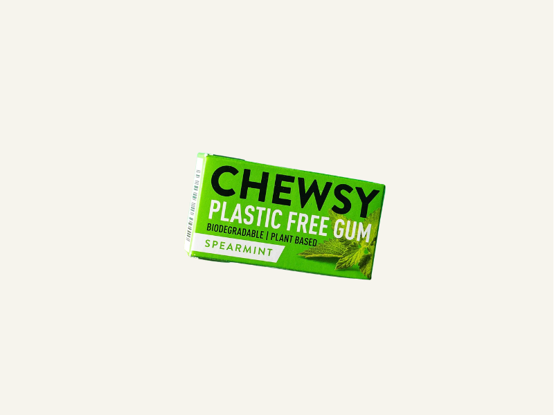 Chewsy plastic-free chewing gum in recyclable paperboard box, four flavors