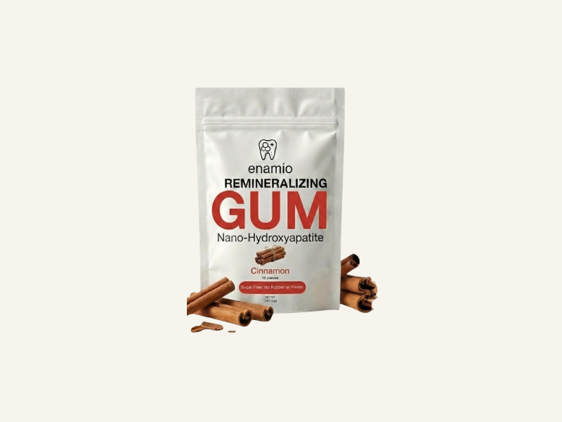 Enamio remineralizing nano-hydroxyapatite plastic-free chewing gum
