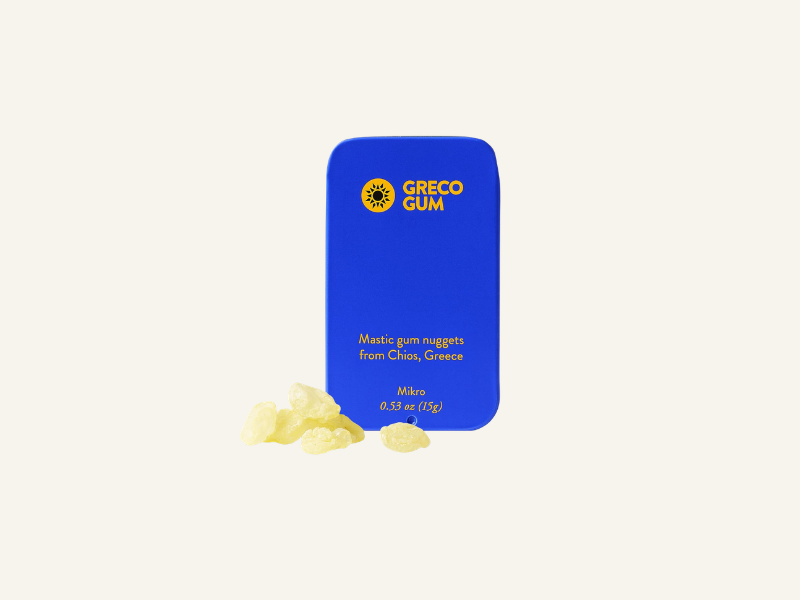 Greco Gum pure mastic resin from Chios Greece in a tin