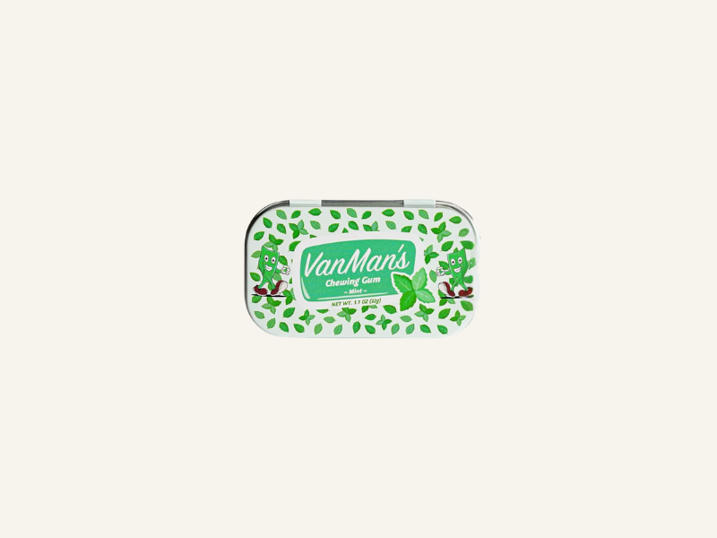 Van Man's remineralizing chewing gum in a tin with grass-fed cattle bone hydroxyapatite