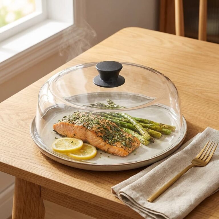 Le'raze glass microwave cover propped open over a plate of herb-crusted salmon with roasted asparagus and lemon slices on a light oak table in warm natural light