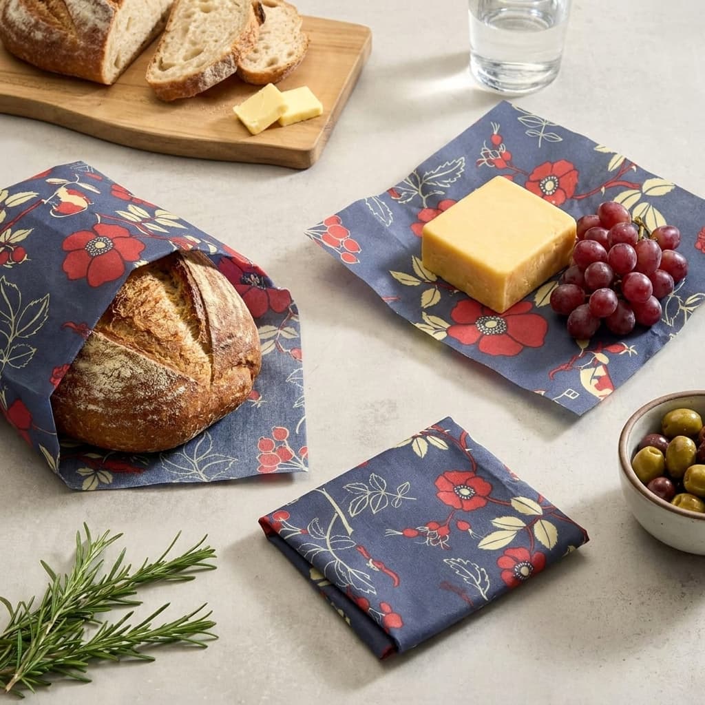 Resuable Food Wraps Bees Wraps blue and red flowered wraps around food