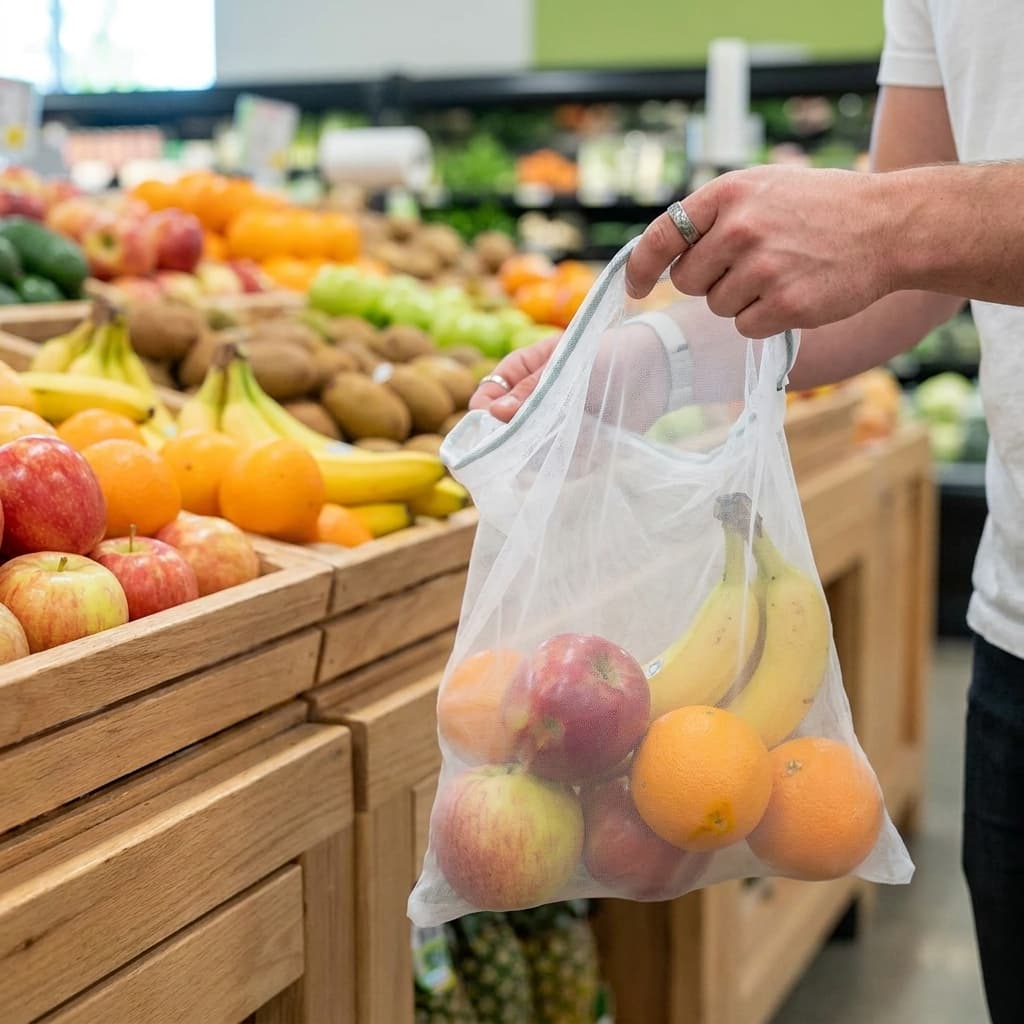 Man putting fruit into a Reusable Produce Bag at the grocery store. 
