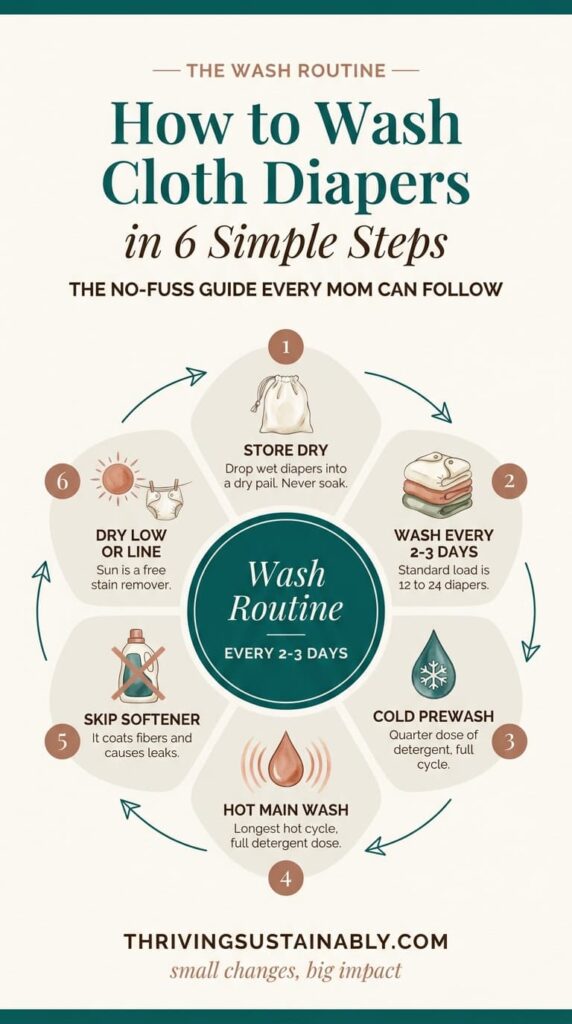 Circular infographic titled "How to Wash Cloth Diapers in 6 Simple Steps," showing a wash routine wheel: store dry, wash every 2-3 days, cold prewash, hot main wash, skip fabric softener, and dry low or line, in cream, teal, and terracotta.