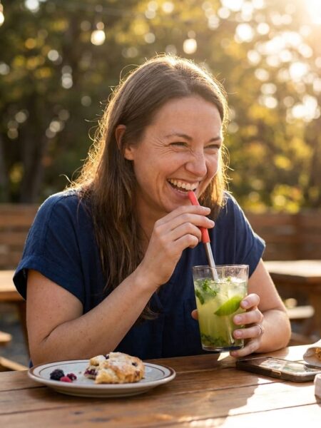 Smiling young woman sipping from a reusable stainless steel straw at a sunny outdoor patio, showing what a reusable straw looks like in everyday use