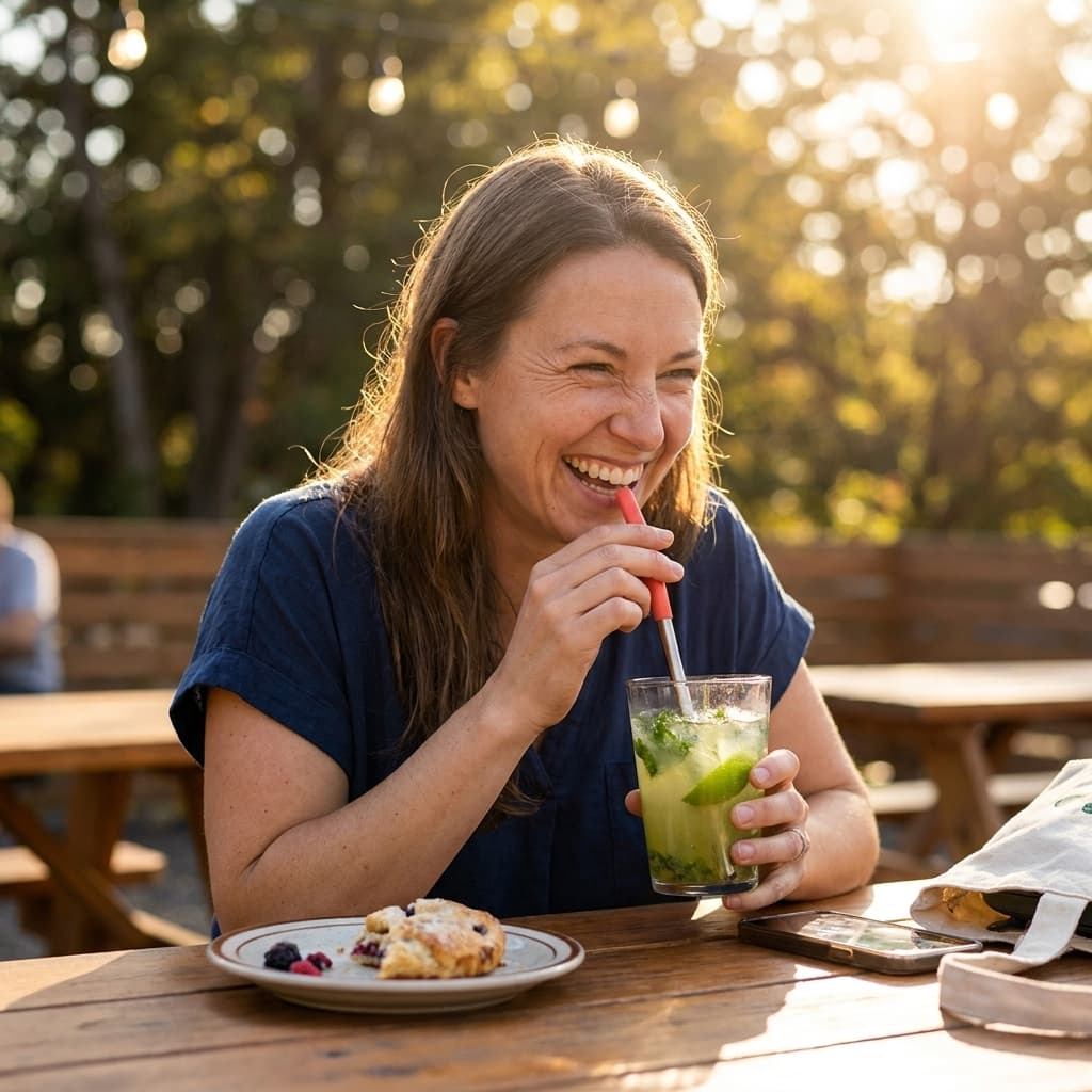 Smiling young woman sipping from a reusable stainless steel straw at a sunny outdoor patio, showing what a reusable straw looks like in everyday use