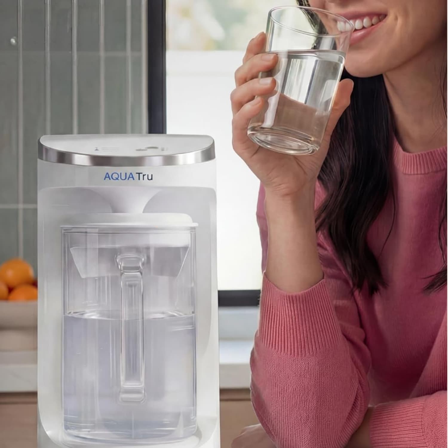AquaTru Carafe countertop reverse osmosis system with glass pitcher
