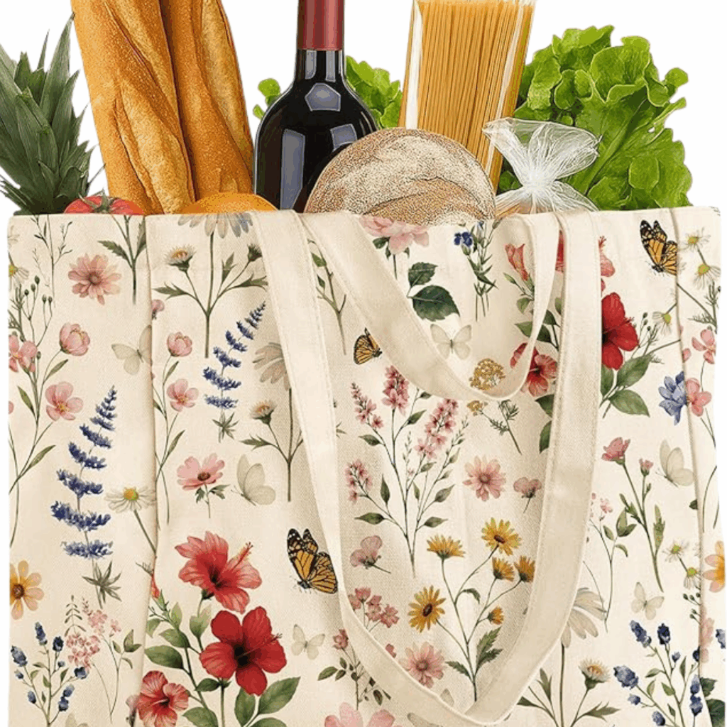 Grocery bag with flowers with food an wine.