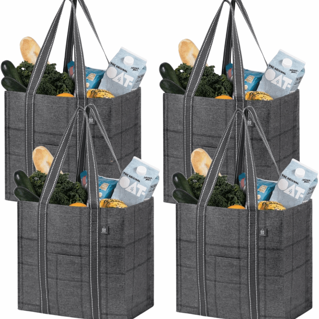 4 heavy duty grocery totes with food