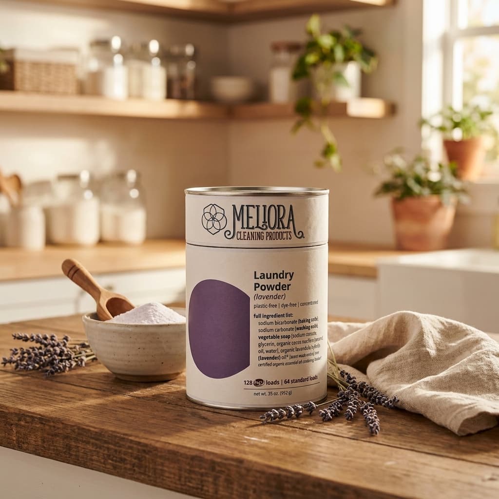 Meliora non-toxic laundry detergent powder in cream cardboard box