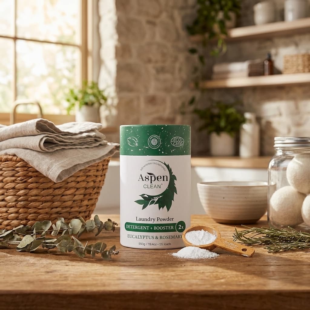 AspenClean non-toxic plastic-free laundry detergent powder in cardboard tin