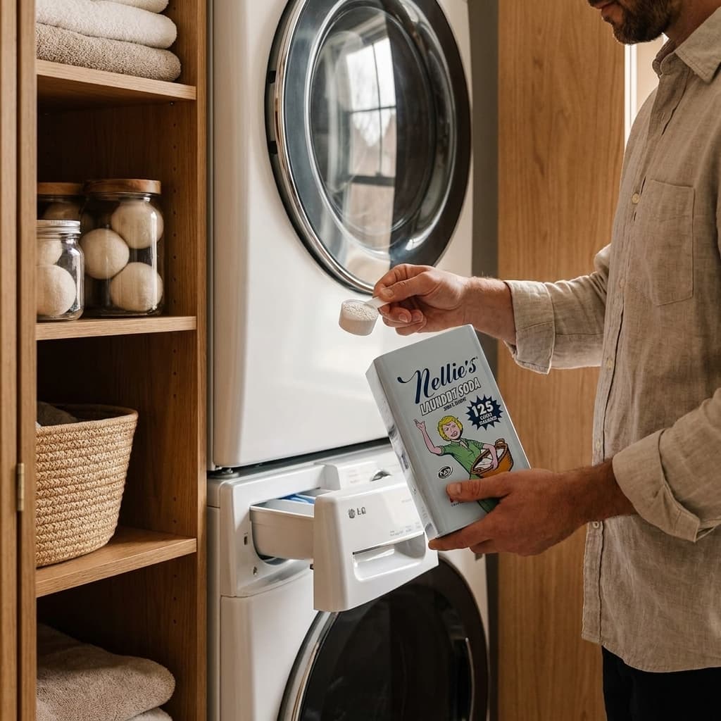 Nellie's non-toxic plastic-free laundry detergent powder in steel tin