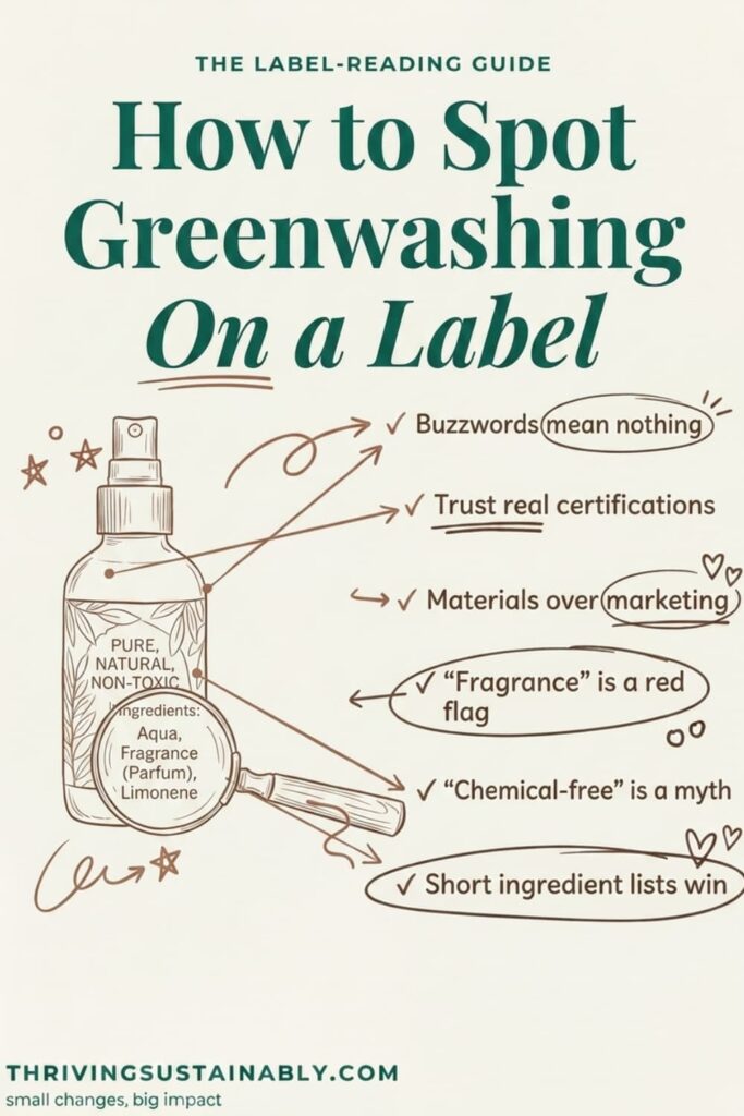 A cream infographic pin titled "How to Spot Greenwashing on a Label," showing a frosted green spray bottle with a colorful eco-style label and a magnifying glass enlarging the words "Fragrance (Parfum)" in the ingredient list, beside a checklist of six label red flags: buzzwords mean nothing, trust real certifications, materials over marketing, fragrance is a red flag, chemical-free is a myth, and short ingredient lists win.