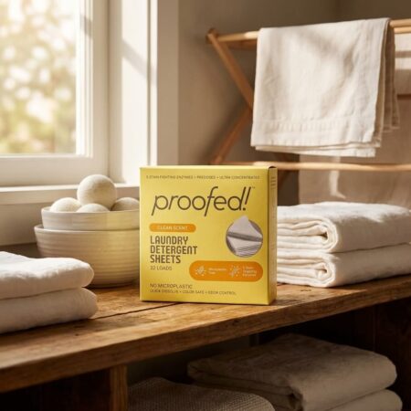 plastic free laundry detergent proofed! box sitting on a counter near a window and clothes and dryer balls