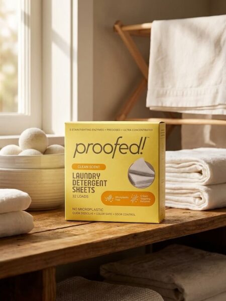 plastic free laundry detergent proofed! box sitting on a counter near a window and clothes and dryer balls