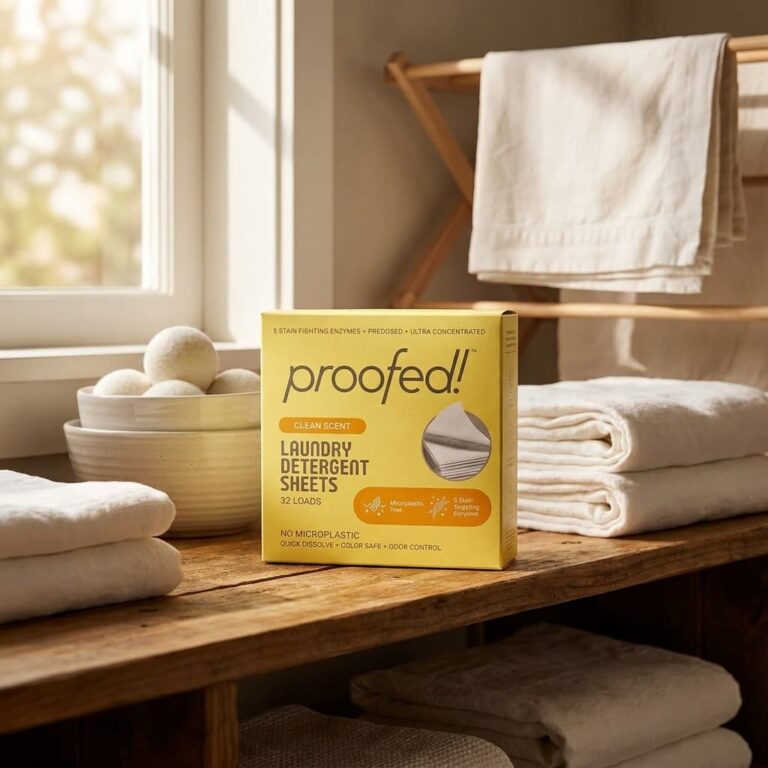 plastic free laundry detergent proofed! box sitting on a counter near a window and clothes and dryer balls