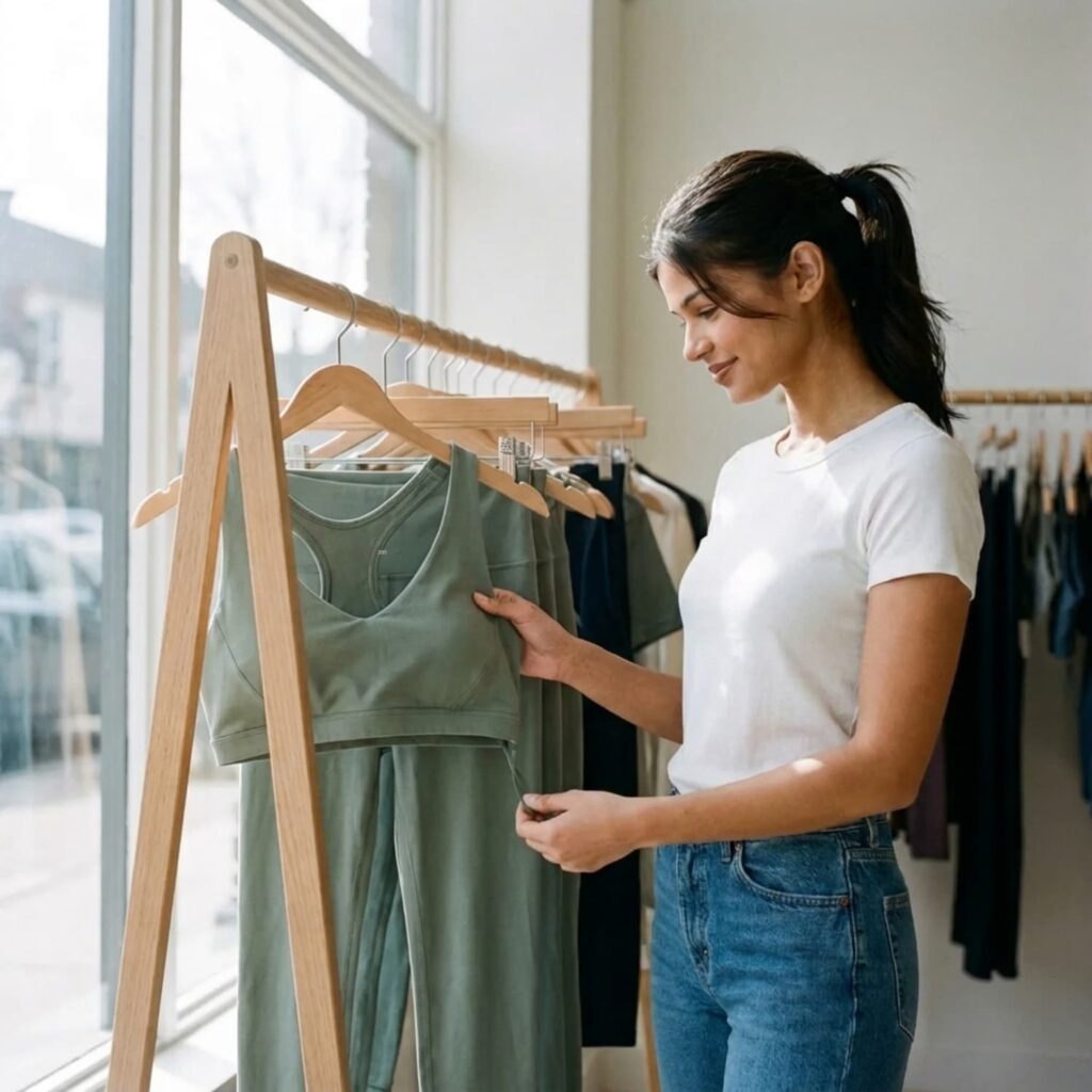 Woman in a white t-shirt and jeans shopping in a bright boutique, examining a sage-green organic cotton activewear set on a wooden rack while checking the label.