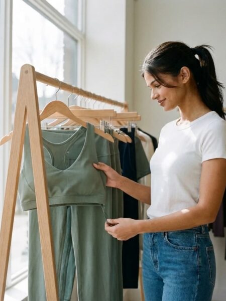 Woman in a white t-shirt and jeans shopping in a bright boutique, examining a sage-green organic cotton activewear set on a wooden rack while checking the label.