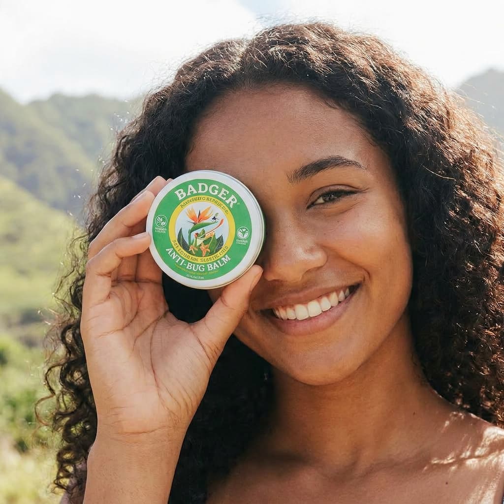 Badger Anti-Bug Balm in a recyclable aluminum tin on natural linen, DEET-free bug protection for kids