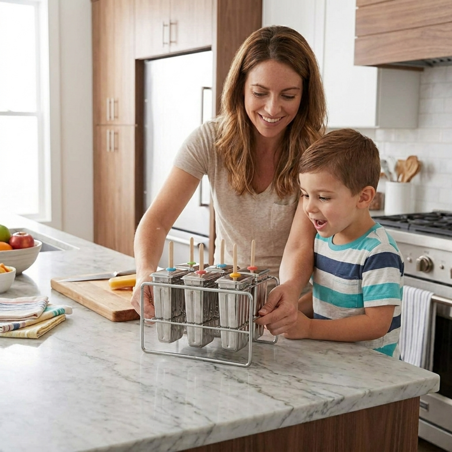 Onyx stainless steel popsicle mold with bamboo sticks on cream linen, plastic-free summer essentials for kids
