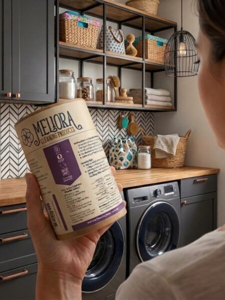 Woman holding a canister of Meliora plastic-free laundry powder in her laundry room