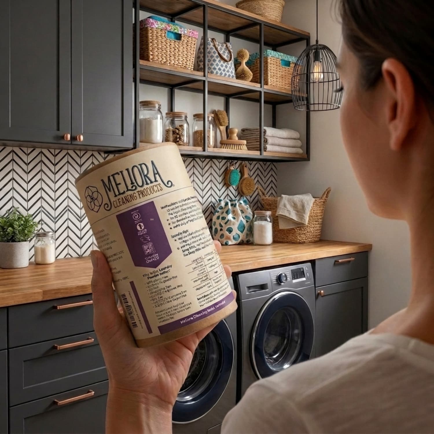 Woman holding a canister of Meliora plastic-free laundry powder in her laundry room
