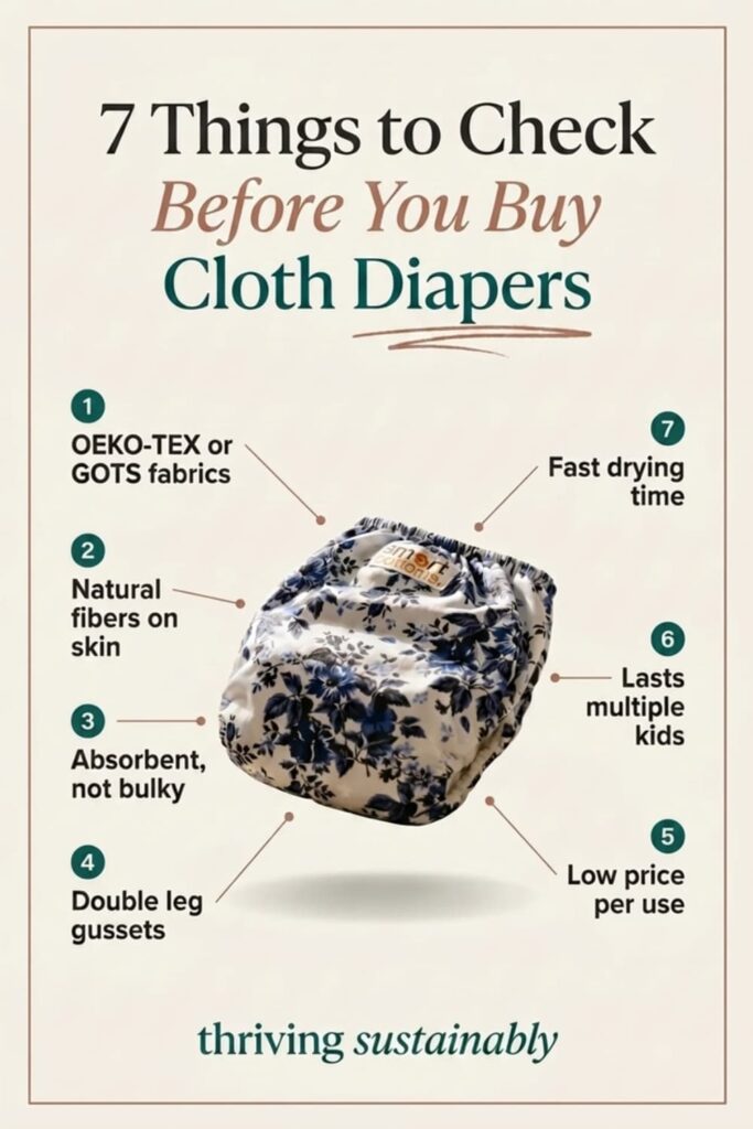 Checklist pin titled "7 Things to Check Before You Buy Cloth Diapers," showing a cloth diaper surrounded by seven checkmarks (certified fabrics, natural fibers, absorbency, leak-proof gussets, drying time, durability, price per use) for choosing the best cloth diapers and the right diaper cover.