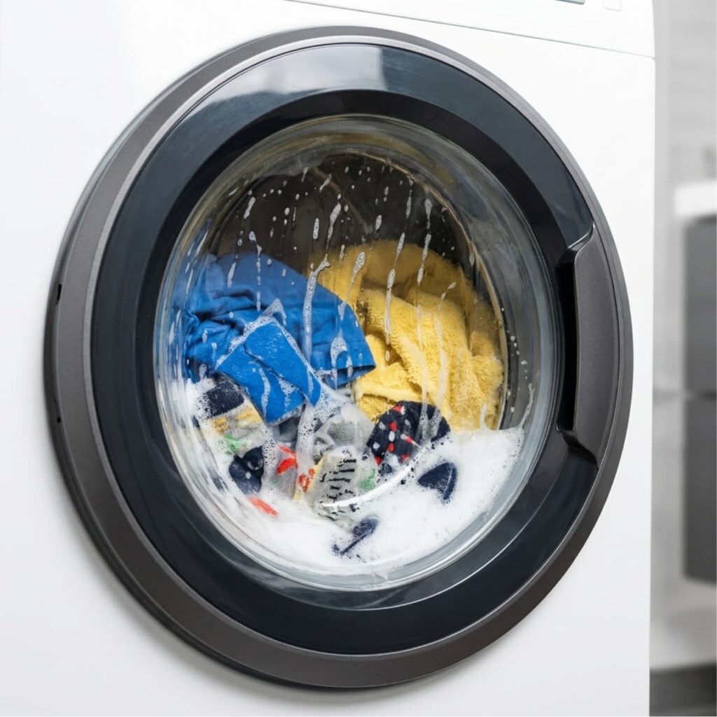 Washing machine washing clothes with soap.