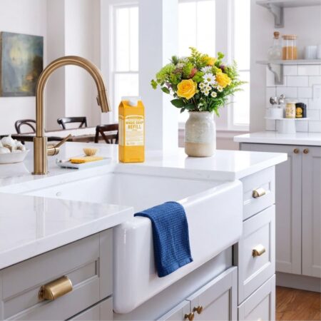 Castile soap container next to the kitchen sink and flowers.