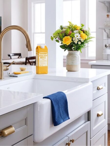 Castile soap container next to the kitchen sink and flowers.
