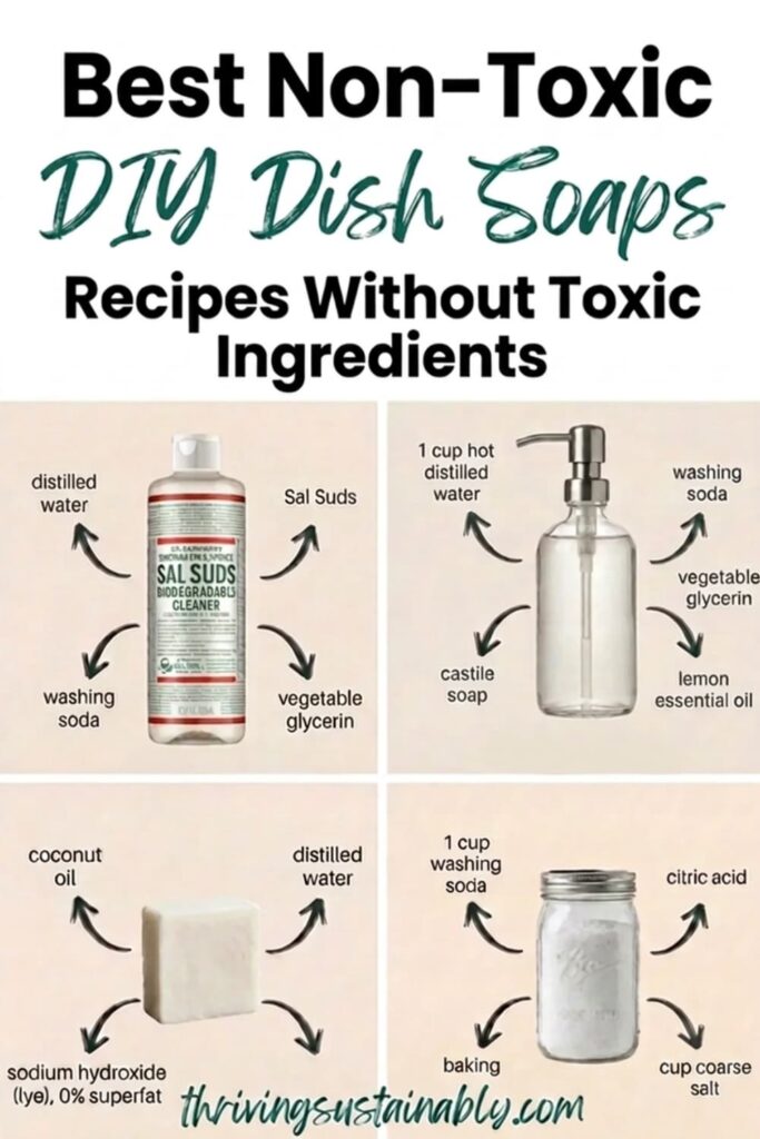 Best non-toxic DIY dish soap pin showing four homemade recipes with ingredient callouts: a Sal Suds blend, a castile soap pump bottle, a coconut oil bar, and a citric acid dishwasher powder in a mason jar