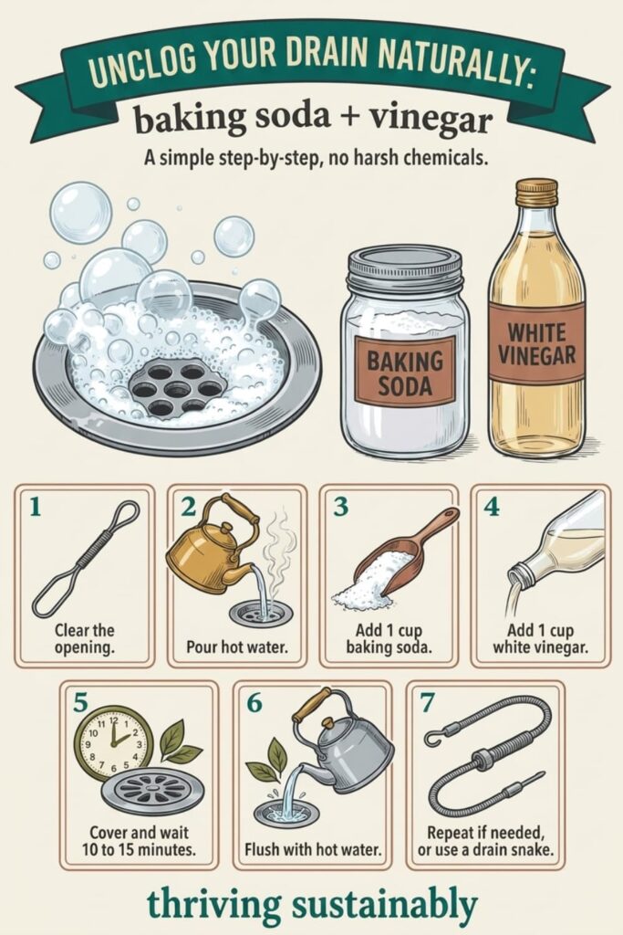 Brand-colored infographic titled Unclog Your Drain Naturally with baking soda and vinegar, showing a fizzing sink drain, a jar of baking soda, a bottle of white vinegar, and seven illustrated steps from clearing the opening to flushing with hot water or using a drain snake.