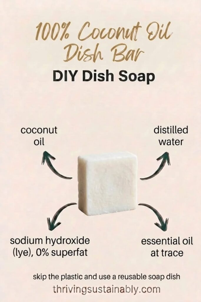 Homemade dish soap recipe card for a cold process coconut oil dish bar with coconut oil, sodium hydroxide lye, and distilled water