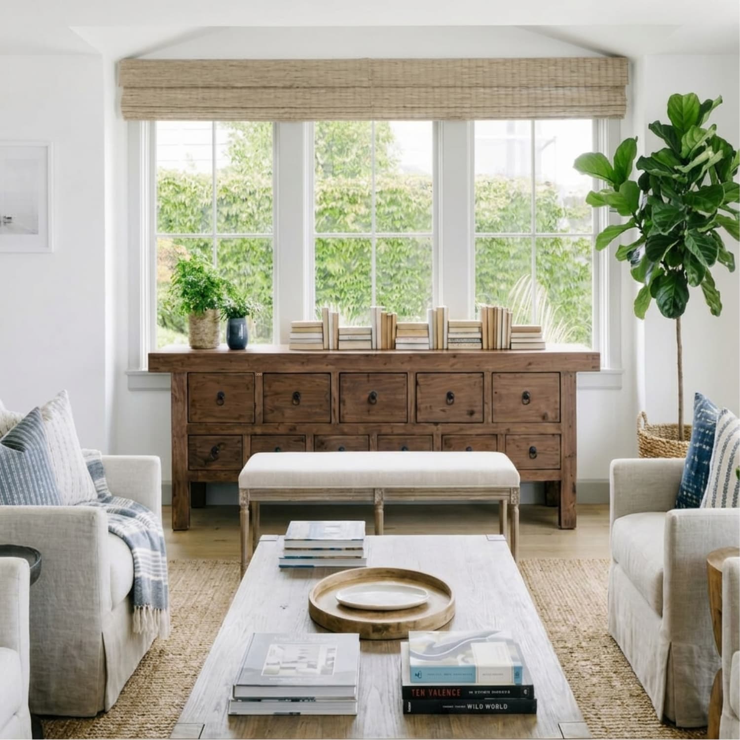 Streak-free paned windows in a bright living room above a reclaimed wood console