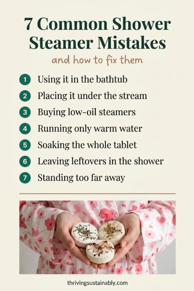 Infographic listing 7 common shower steamer mistakes with hands holding three shower steamers in a pink floral robe