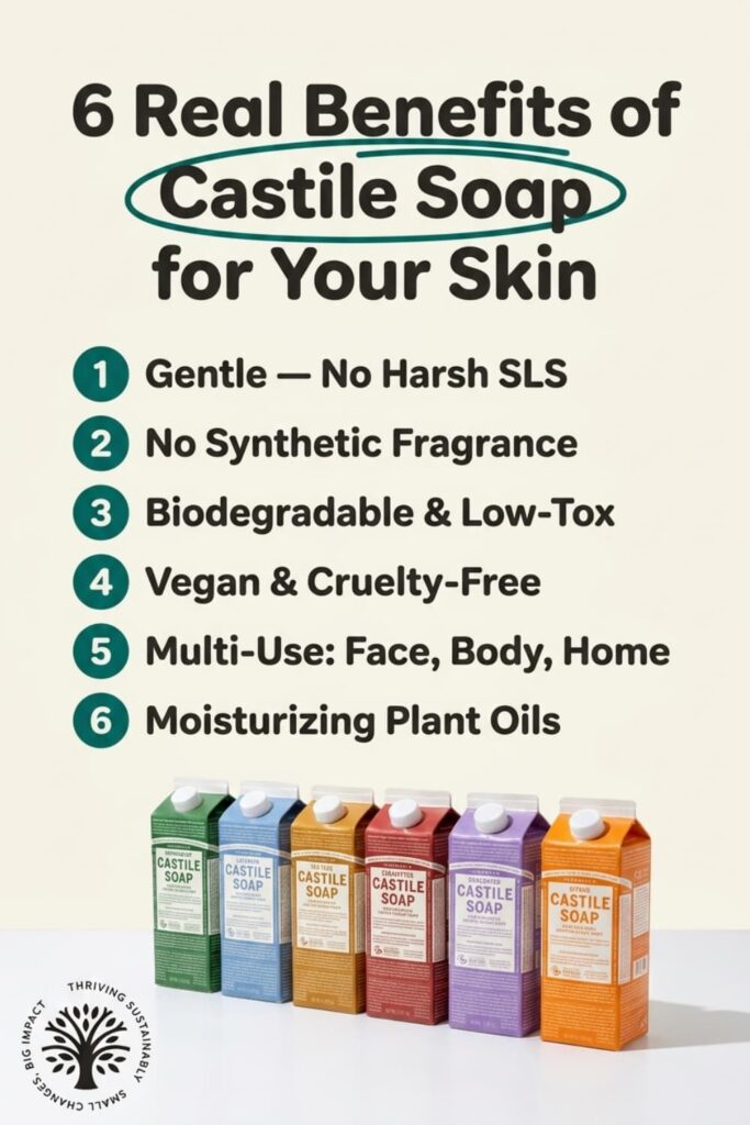 Infographic pin titled "6 Real Benefits of Castile Soap for Your Skin" listing gentle no-SLS cleansing, no synthetic fragrance, biodegradable and low-tox, vegan and cruelty-free, multi-use for face, body, and home, and moisturizing plant oils, above a row of six colorful castile soap cartons.