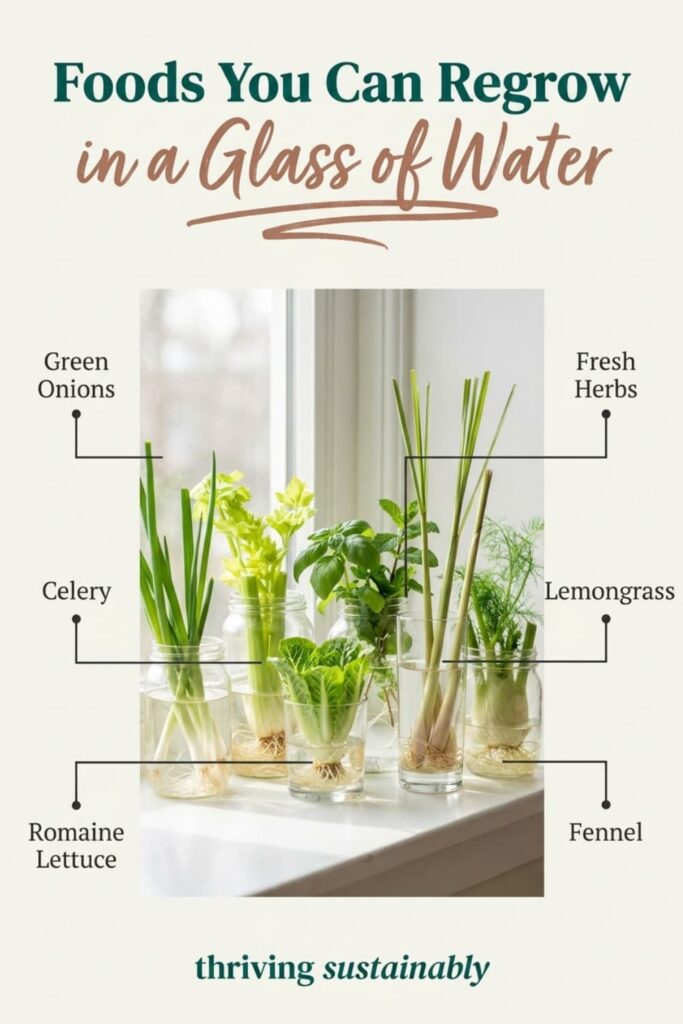 Infographic titled "Foods You Can Regrow in a Glass of Water" showing green onions, celery, romaine lettuce, basil, mint, lemongrass, and fennel regrowing with white roots in glass jars of water on a sunny windowsill.