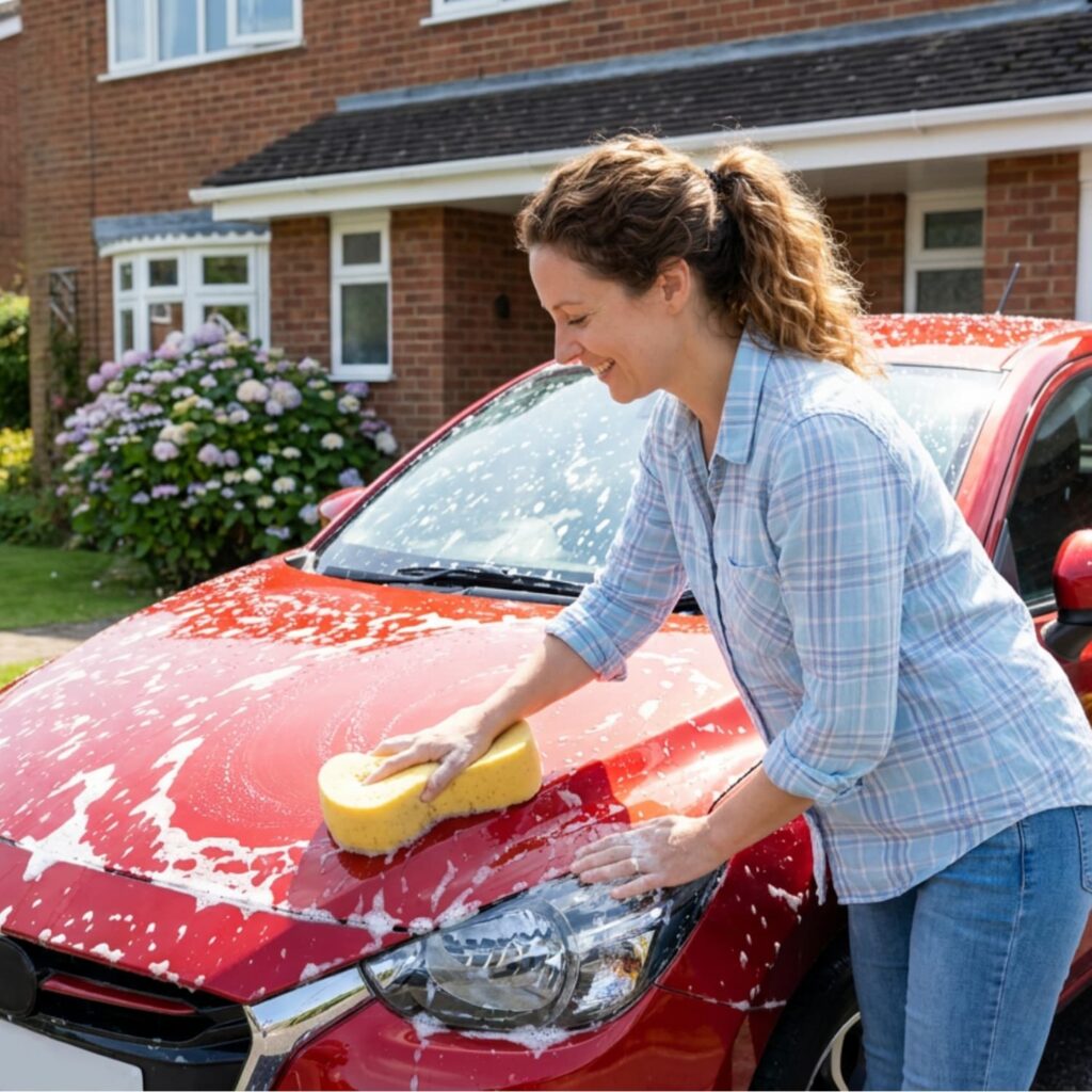 Woman in front of her house washing her red car with Castile soap.