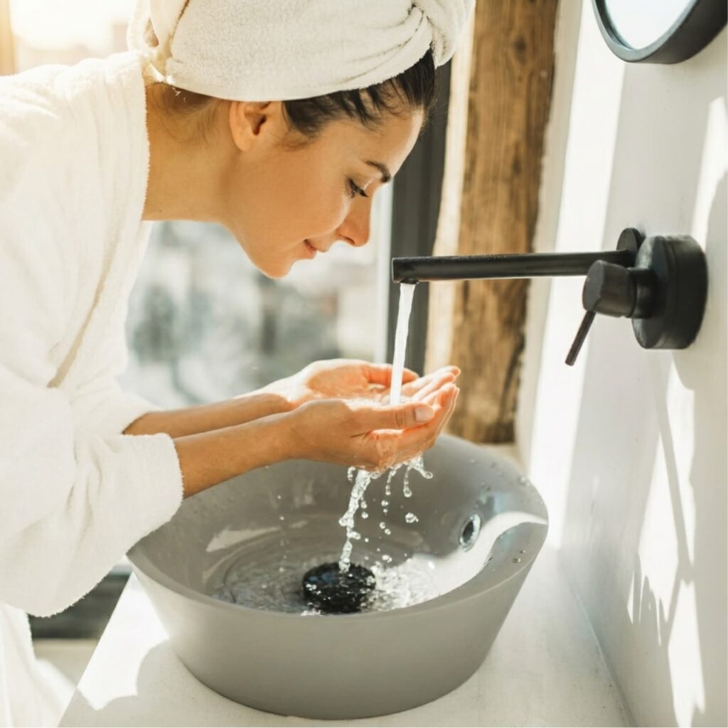 Woman washing her face in the bathroom.