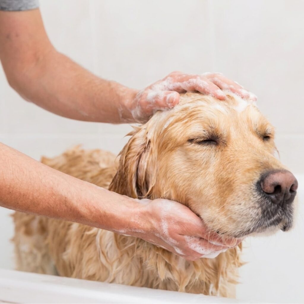 Yellow lab in the bath man washing head with Castile soap.