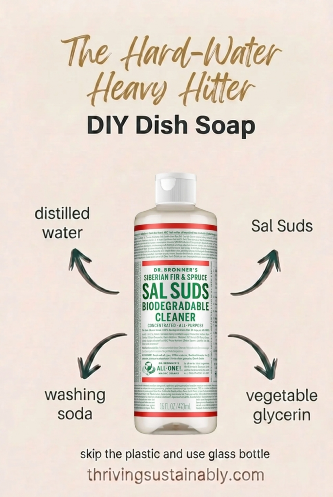 Homemade dish soap recipe card for a hard-water Sal Suds blend in a glass bottle with distilled water, Sal Suds, and washing soda