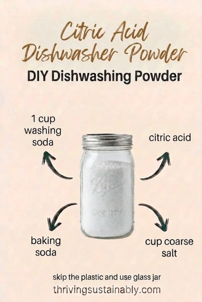 Homemade dish soap recipe card for dishwasher detergent powder in a glass jar with washing soda, citric acid, baking soda, and coarse salt